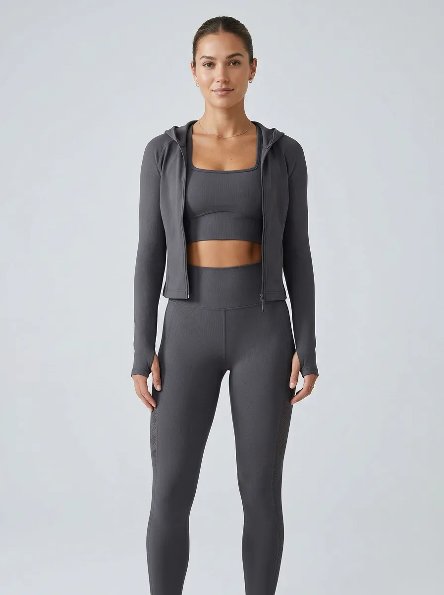 Athletic Ribbed Texture Seamless Design Set Women's Three Piece Activewear Set