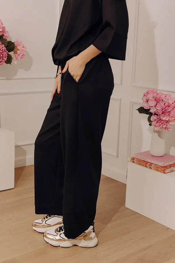 High Waist Wide Leg Scuba Knit Drawstring Elastic Waist Stretch Pants