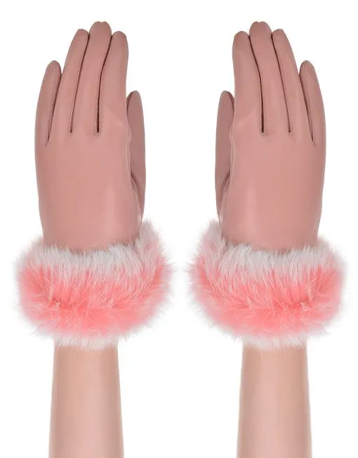 Fluffy Fur Trim Faux Leather Gloves