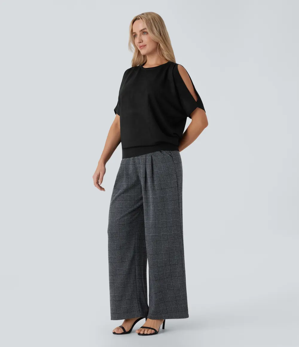 Round Neck Cold Shoulder Short Sleeve Work Sweater