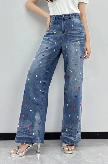 Gem Embellished Wide Leg Jeans