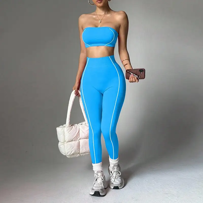 Strapless Bandeau Crop Top and High-Waisted Leggings Activewear Set