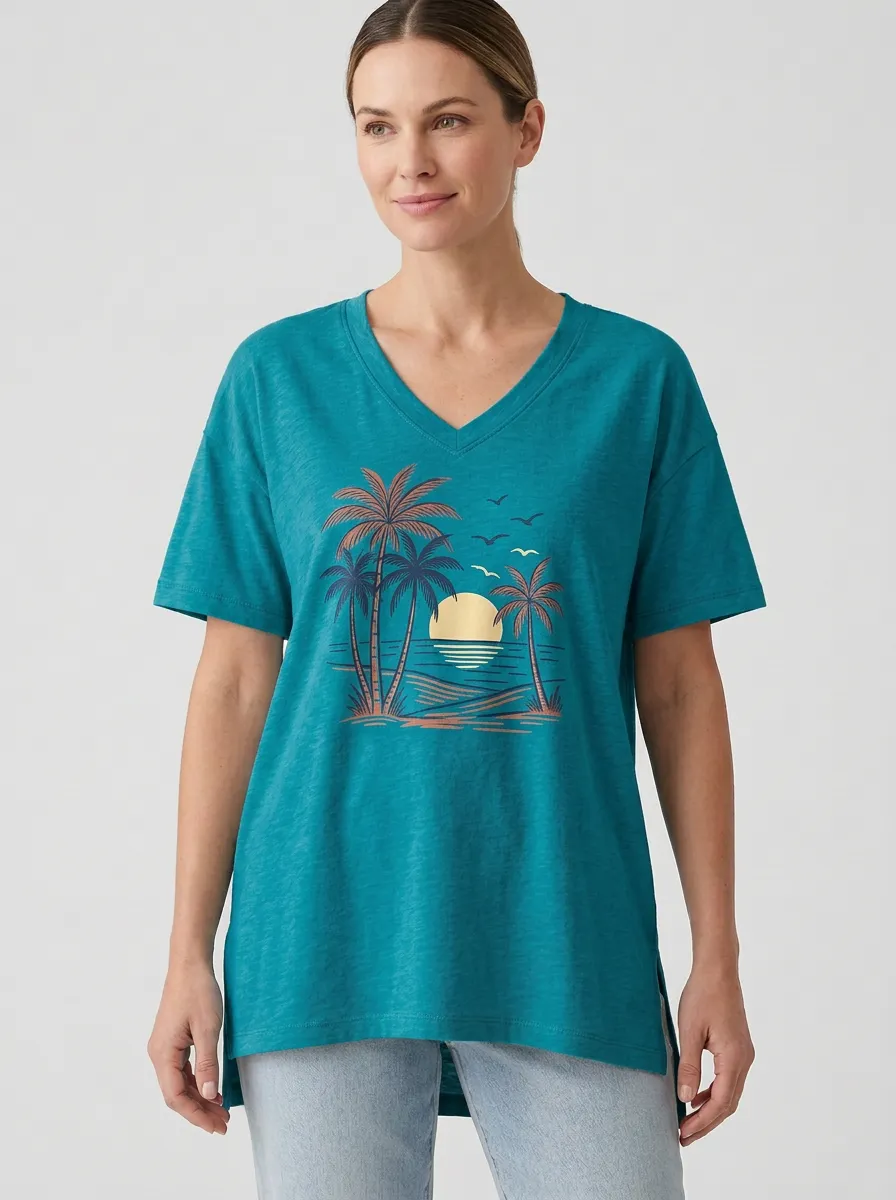 Women's Tropical Sunset Palm Graphic V-Neck T-Shirt