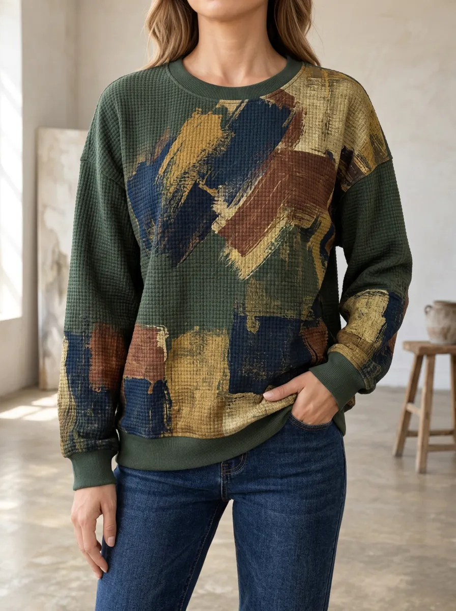Women's Abstract Brushstroke Textured Waffle Knit Crewneck Sweatshirt