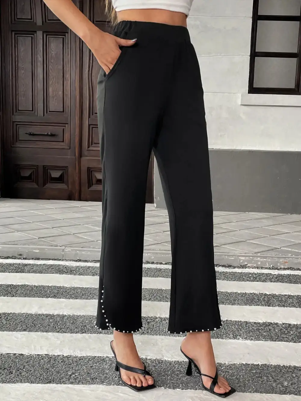 Pearl Embellished Cropped Wide Leg Pants