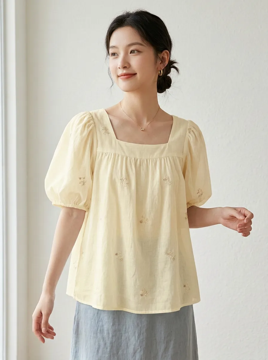 Vintage-Inspired Embroidered Women's Puff-Sleeve Blouse
