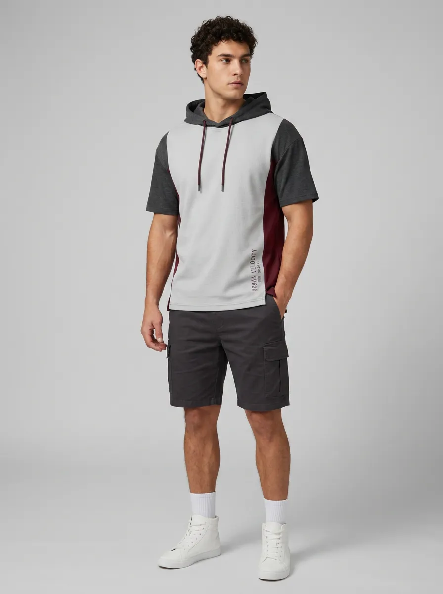 Men's Urban Style Color-Block Side-Slit Short Sleeve Hoodie