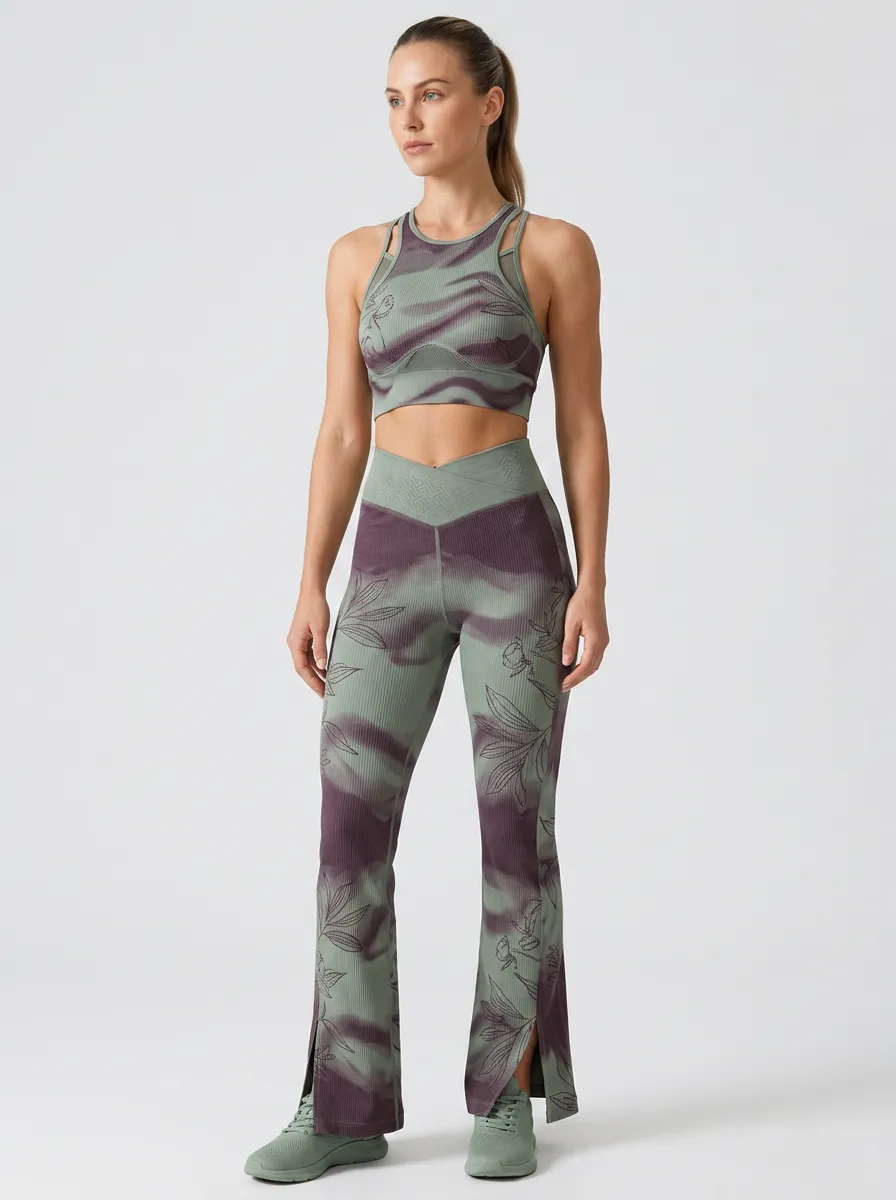 Women's Yoga Fitness Floral Wave Printed Ribbed Workout Set