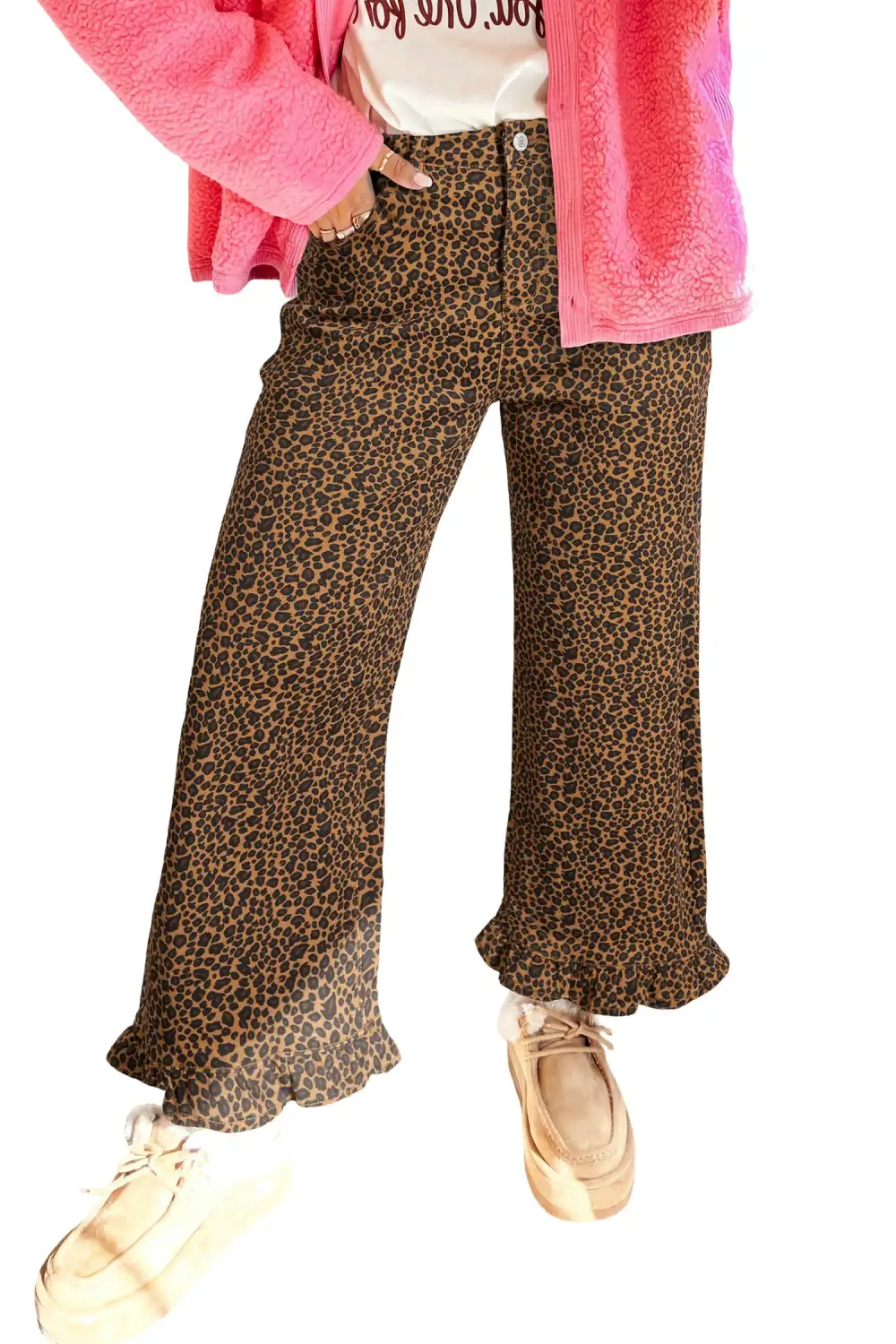 Women's Leopard Print Ruffled Hem Shift Jeans