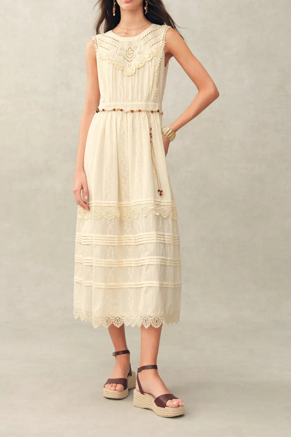 Sleeveless Lace Embroidered Cotton Jacquard Midi Dress