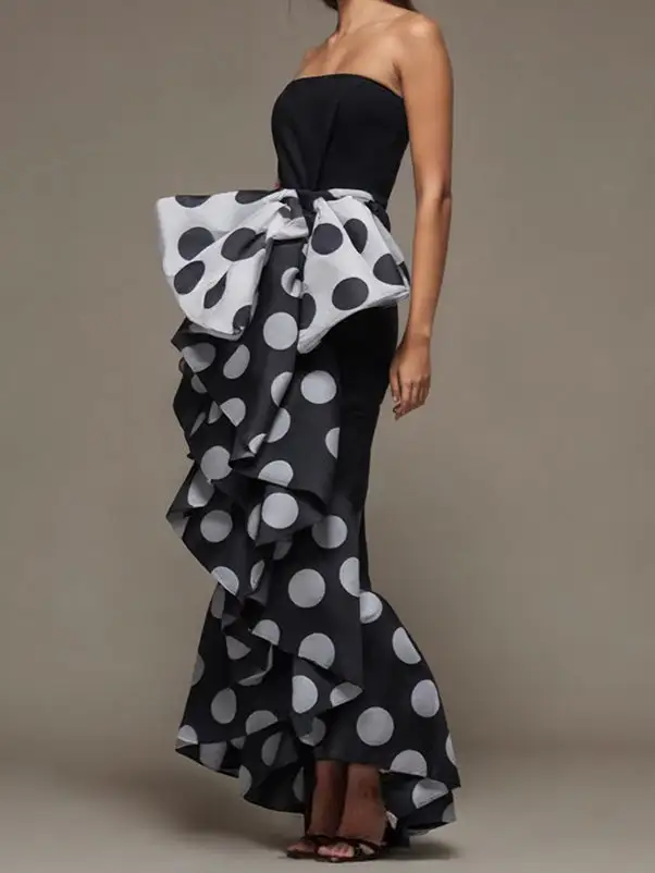 Women's Slim Fit Pleated Polka Dot Patchwork Maxi Dress
