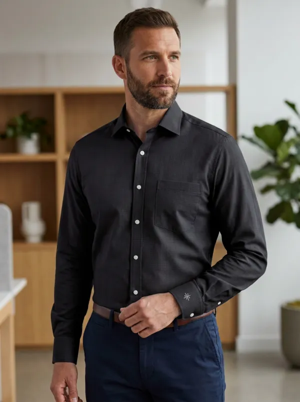 Men's Business Casual Non-Iron Cotton Micro-Check Printed Dress Shirt