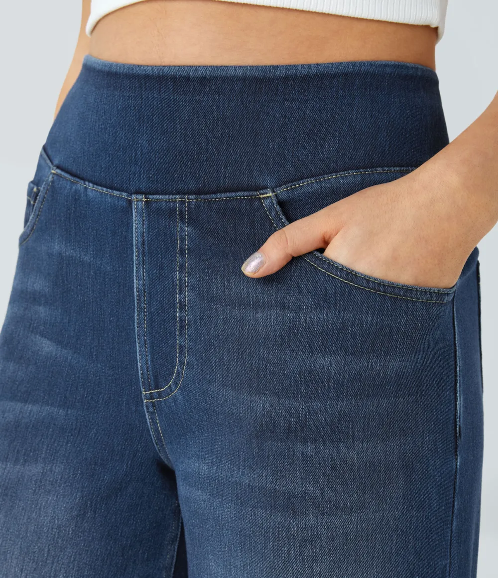 Magic High Waisted Multiple Pockets Wide Leg Washed Stretchy Knit Casual Jeans