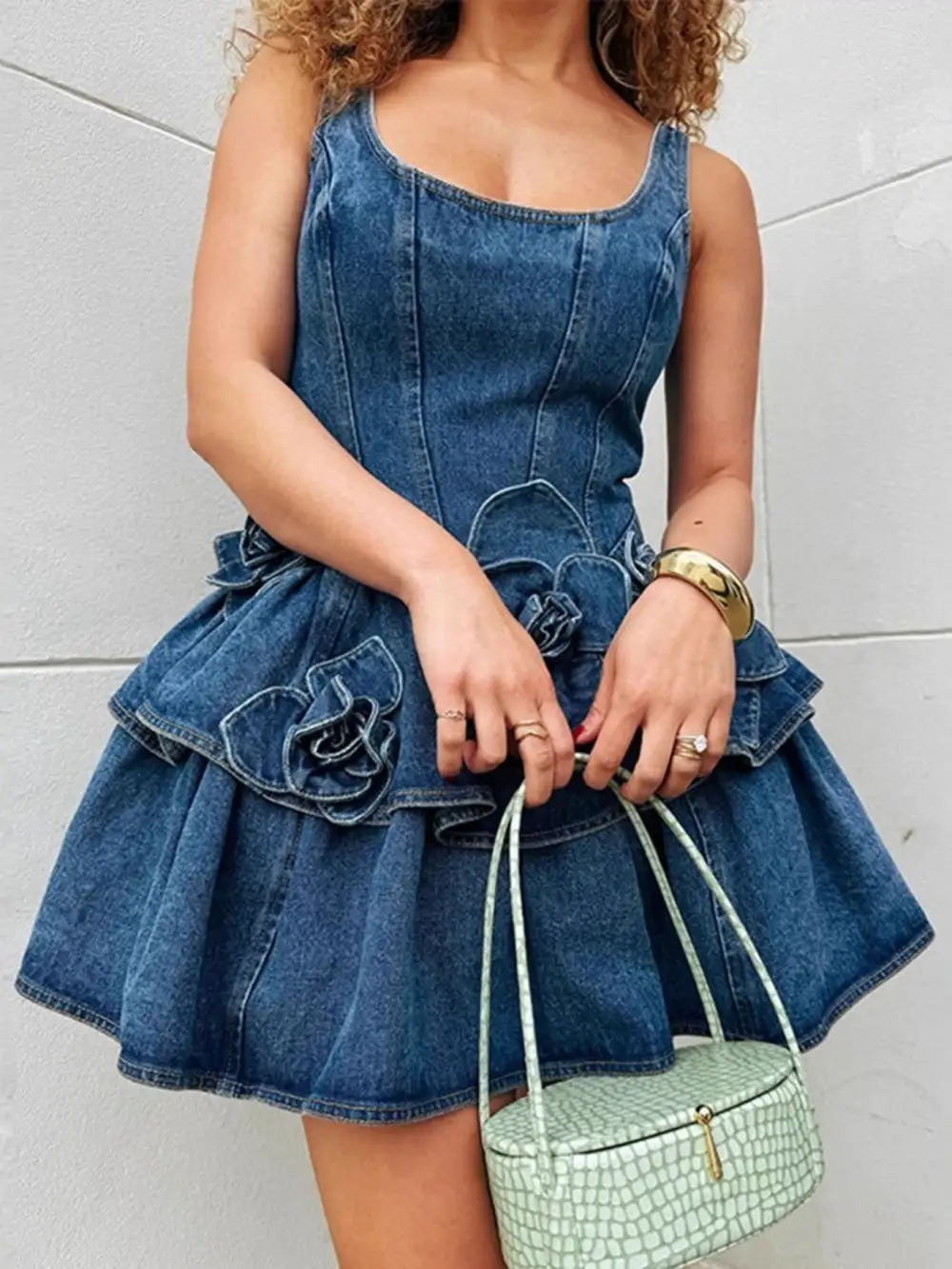 Floral Denim Ruffle Dress Casual