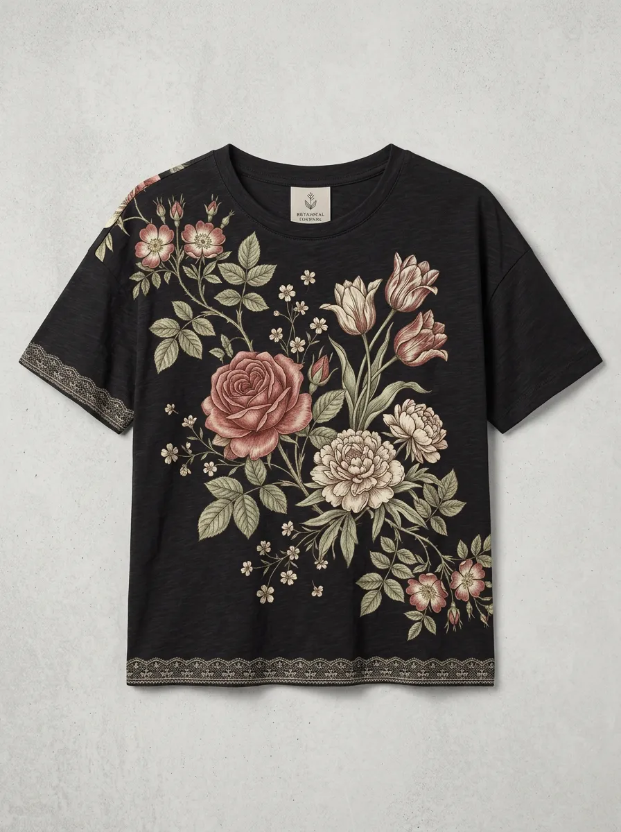 Women's Botanical Lover Rose Tulip Floral Printed T-shirt