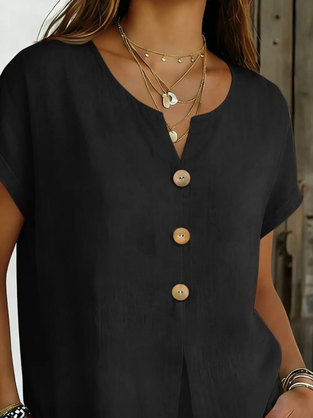 Decor Button Short Sleeve Blouse