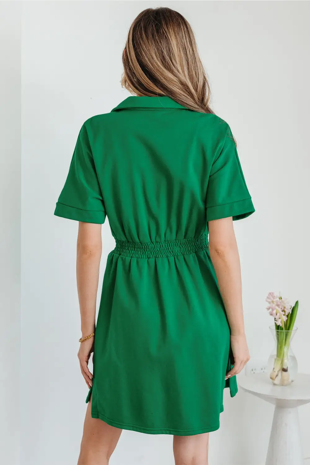 Bright Contrast Patchwork Half Zip Elastic Waist Short Sleeve Mini Dress