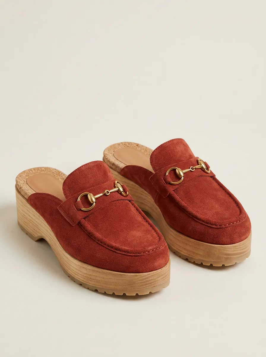 Women's Metal Detail Platform Clog Style Suede Wood Sole Loafers
