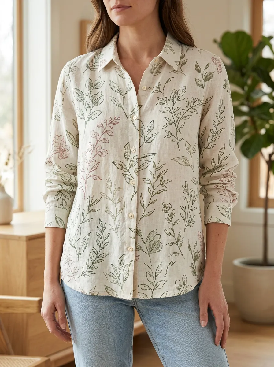Women's Botanical Nature Lover Green Leaf Floral Printed Shirt