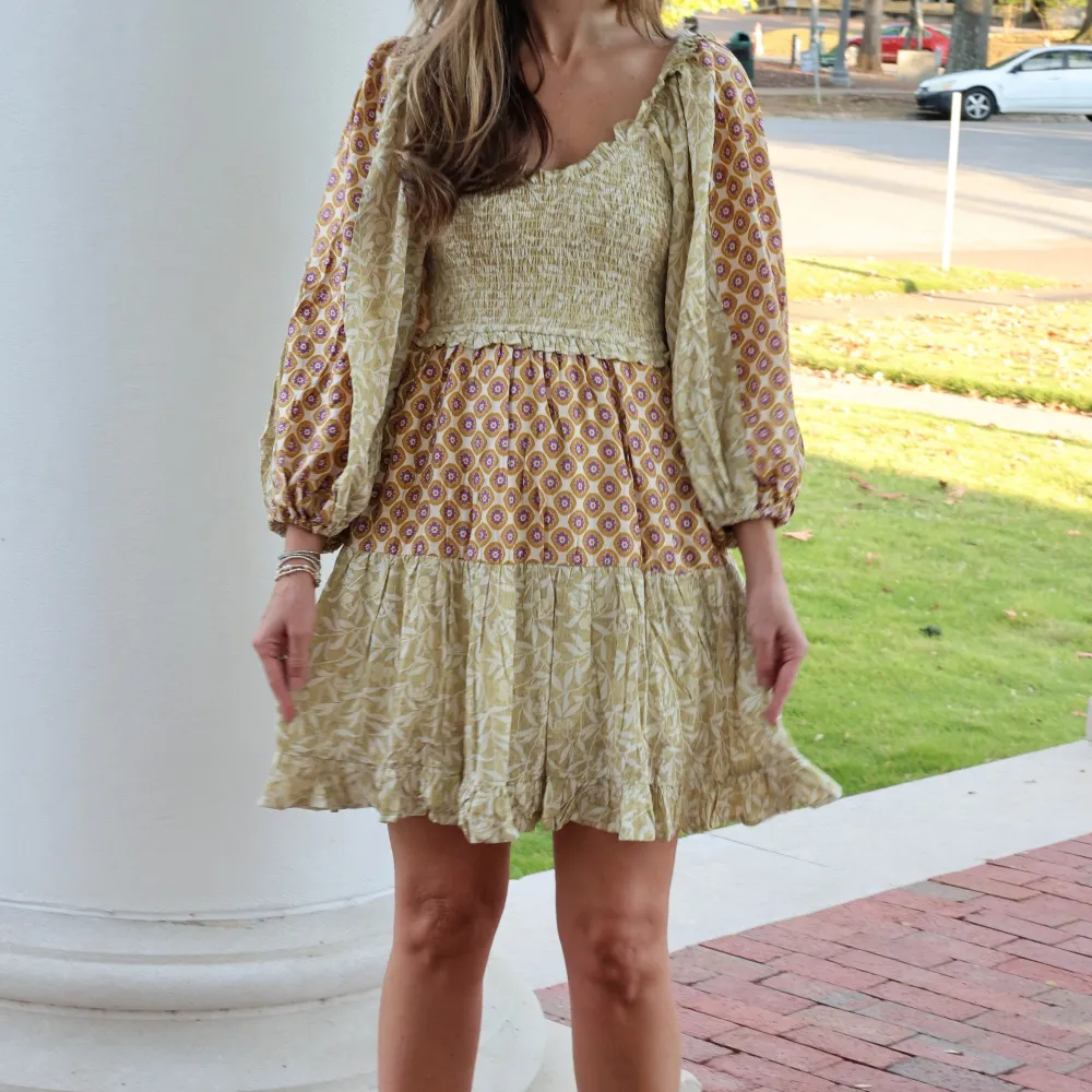 Smocked Tiered Ruffle Detail Balloon Sleeve Dress