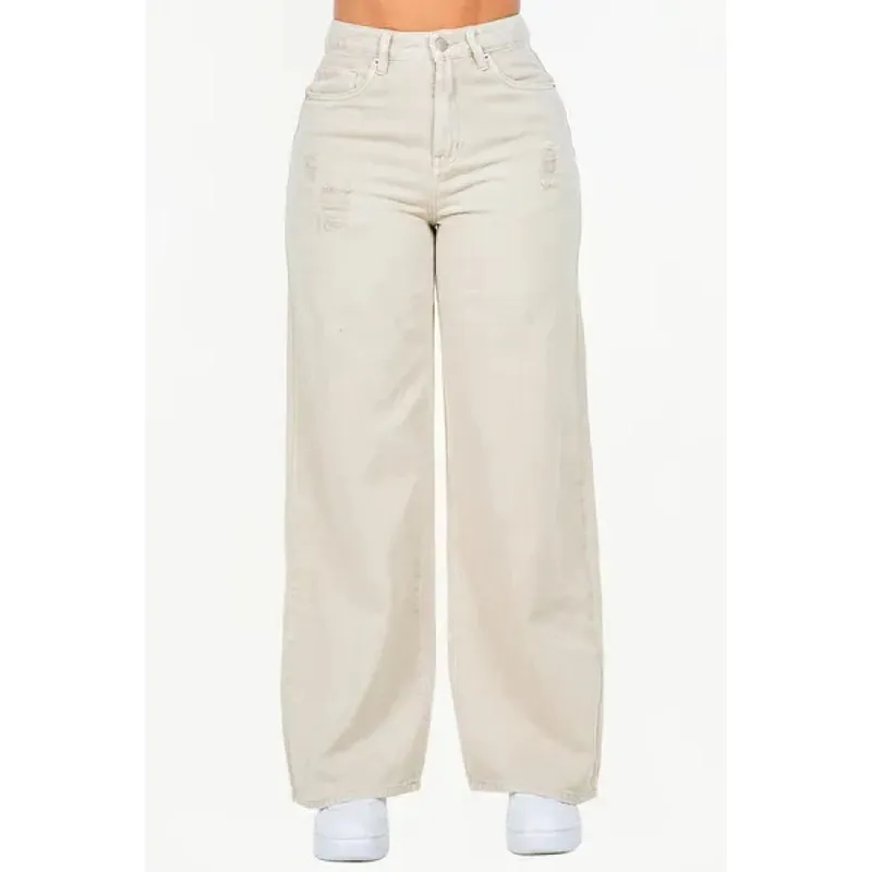 High-Waist Distressed Wide Leg Jeans