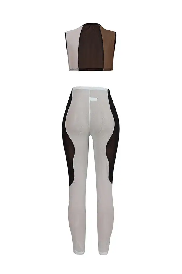 Colorblock Sheer Round Neck Pant Set