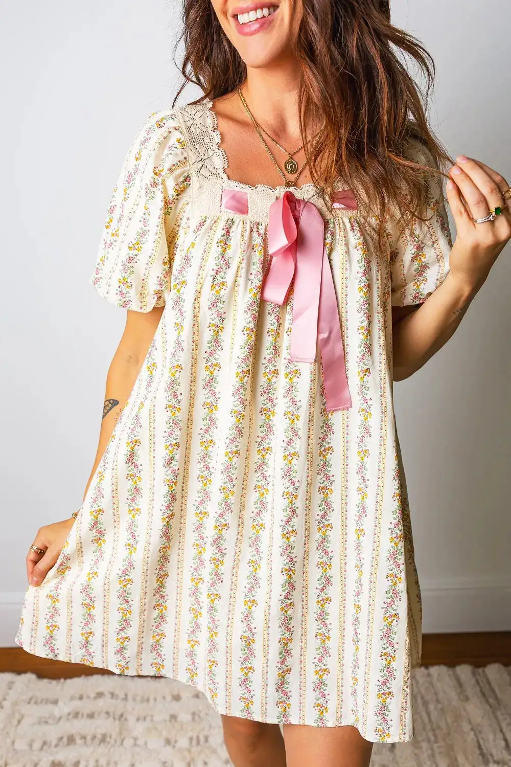 Elegant Square Neck Floral Mini Dress