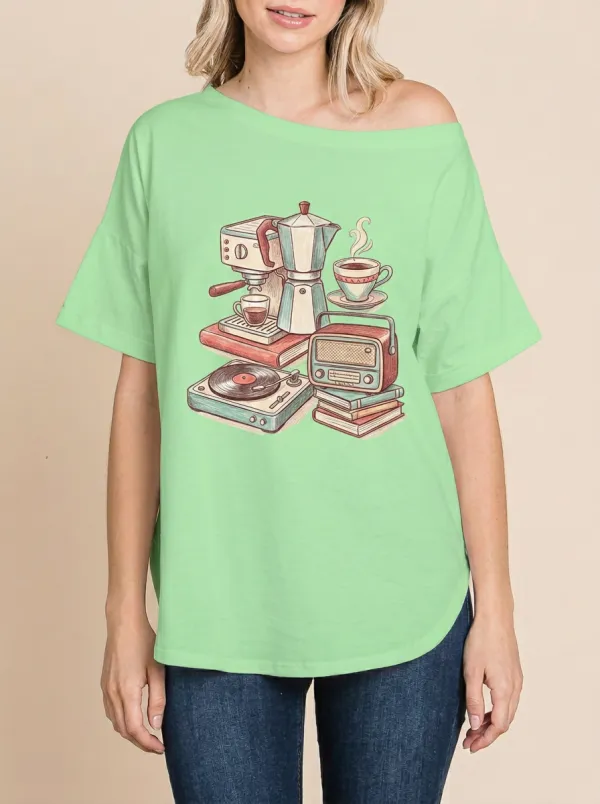 Women's Retro Coffee Music Book-Inspired Printed T-Shirt
