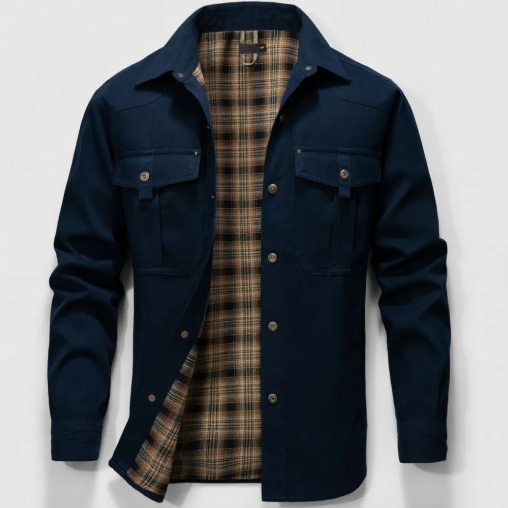 Men's Classic Casual Plaid Flannel-Lined Shirt Jacket – Twill Fabric