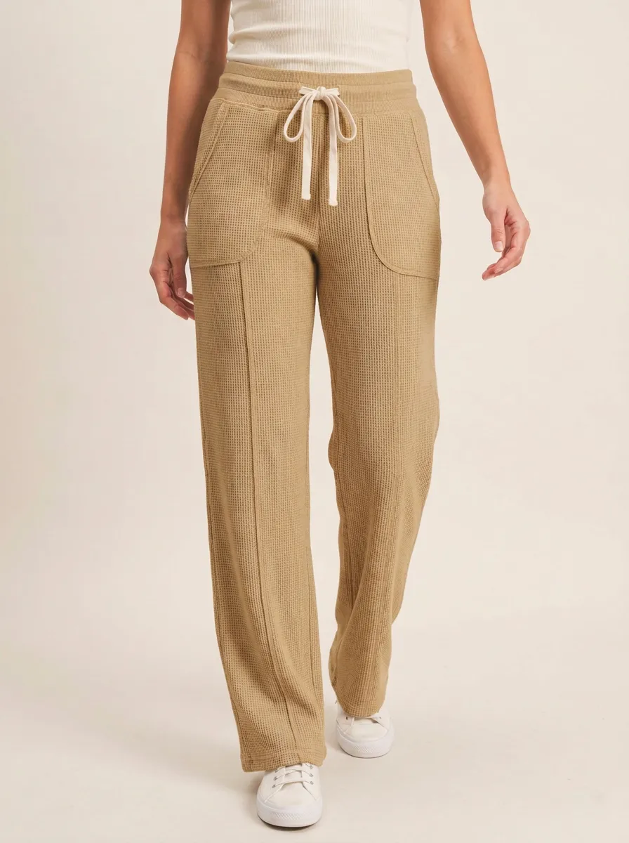 Women's Waffle Knit Casual Drawstring Wide Leg Pants