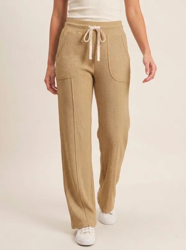 Women's Waffle Knit Casual Drawstring Wide Leg Pants