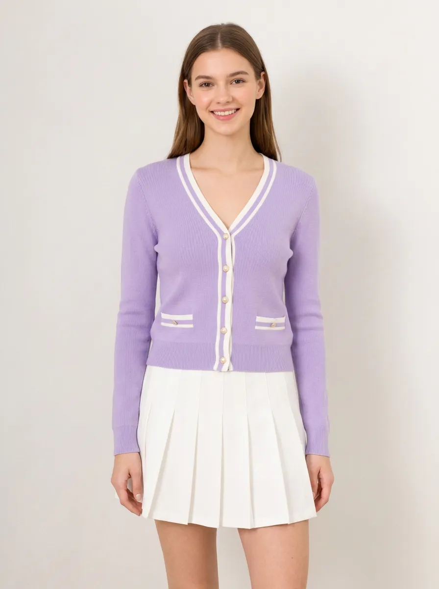 Women's Lavender Contrast Trim V-Neck Cardigan