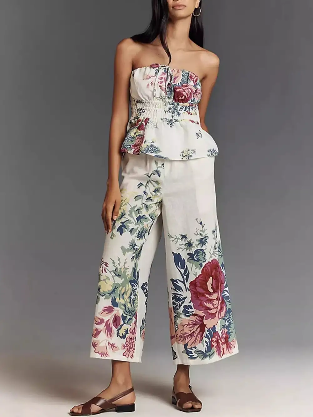 Floral Print Strapless Top and Wide Leg Pants Set