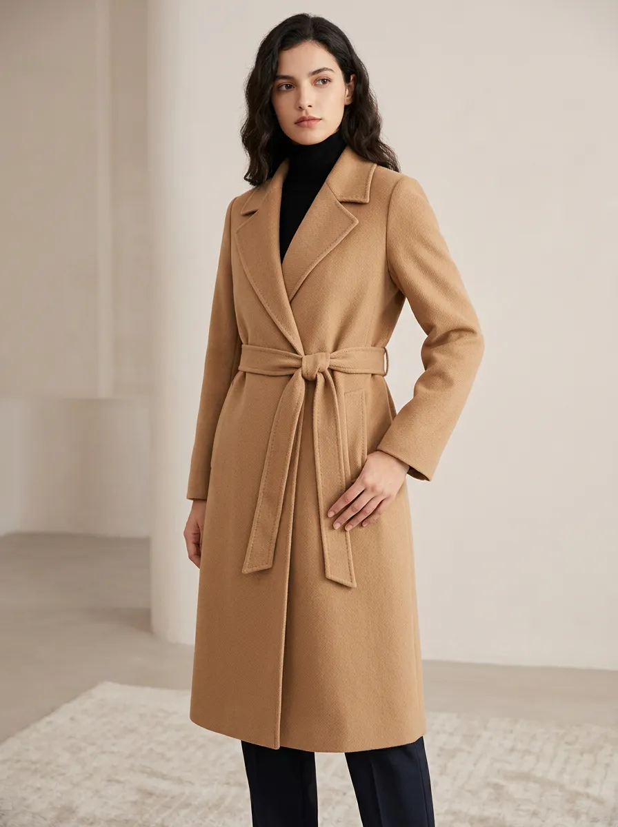 Women's Camel Minimalist Belted Wool Blend Trench Coat