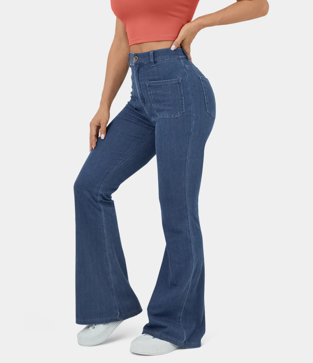 Magic High Waisted Button Pockets Stretchy Knit Casual Flare Jeans