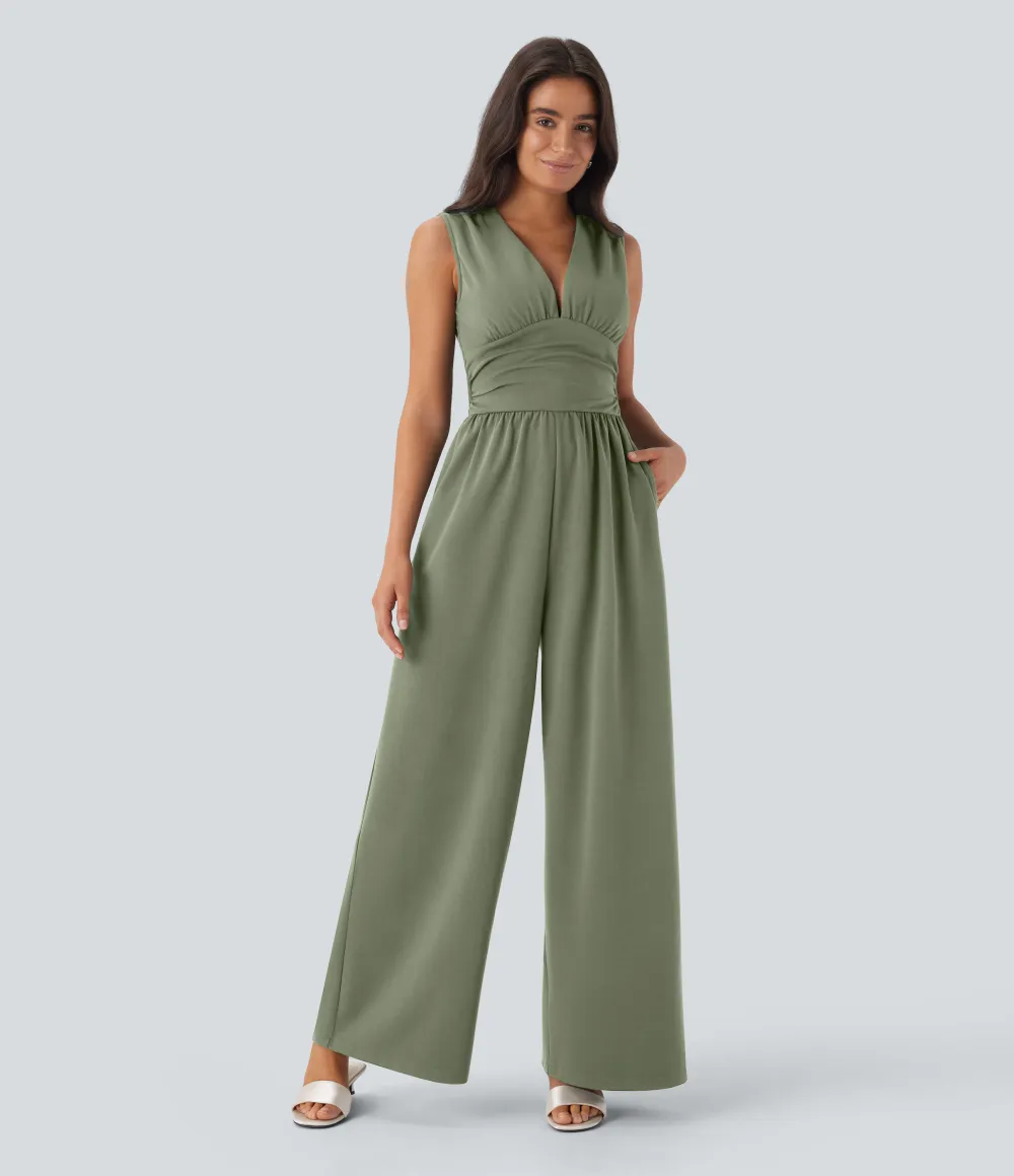 SculptKnit V Neck Sleeveless Ruched Pocket Jumpsuit-Easy Peezy