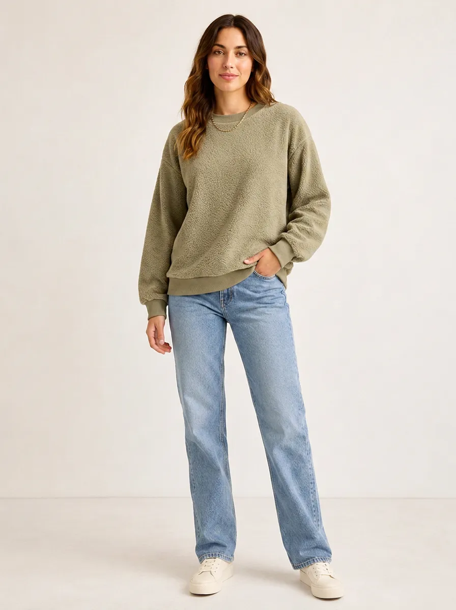 Women's Casual Olive Green Textured Fleece Pullover Sweatshirt