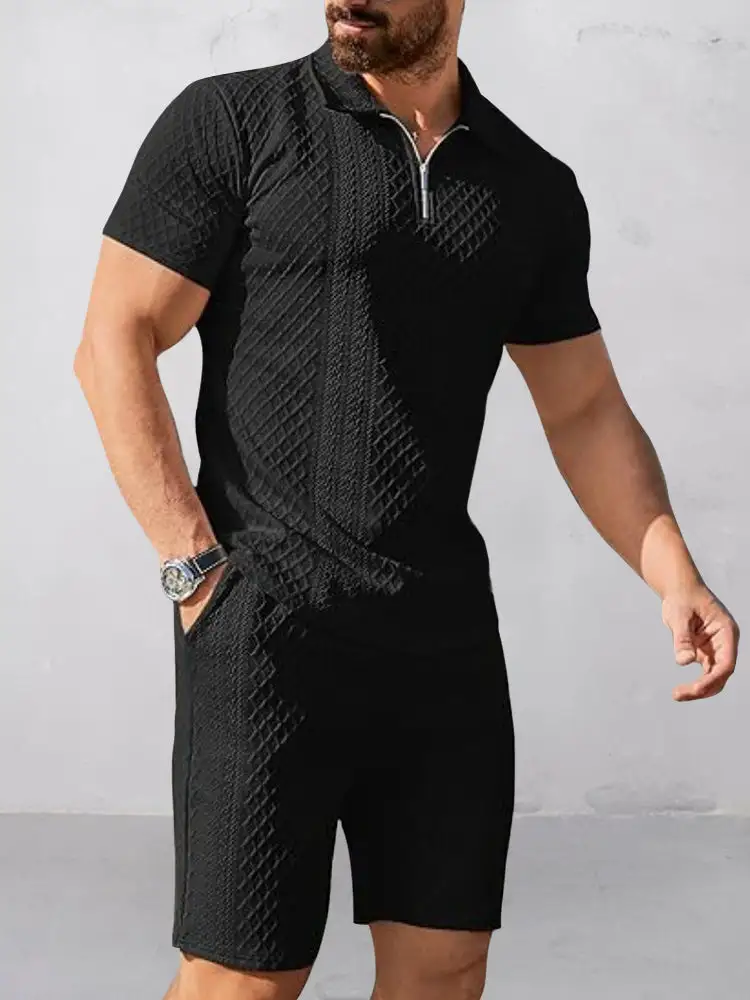 Trendy Textured Polo Shorts Outfit Two Piece Set