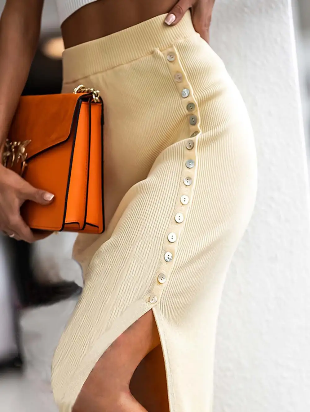 Ribbed Button Front Slit Midi Skirt
