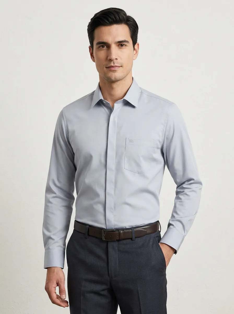 Men's Non-Iron Cotton Solid Pocket Long Sleeve Shirt