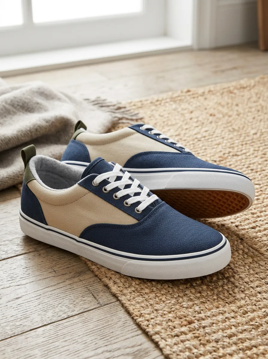 Men's Casual Style Navy Beige Colorblock Printed Canvas Shoes