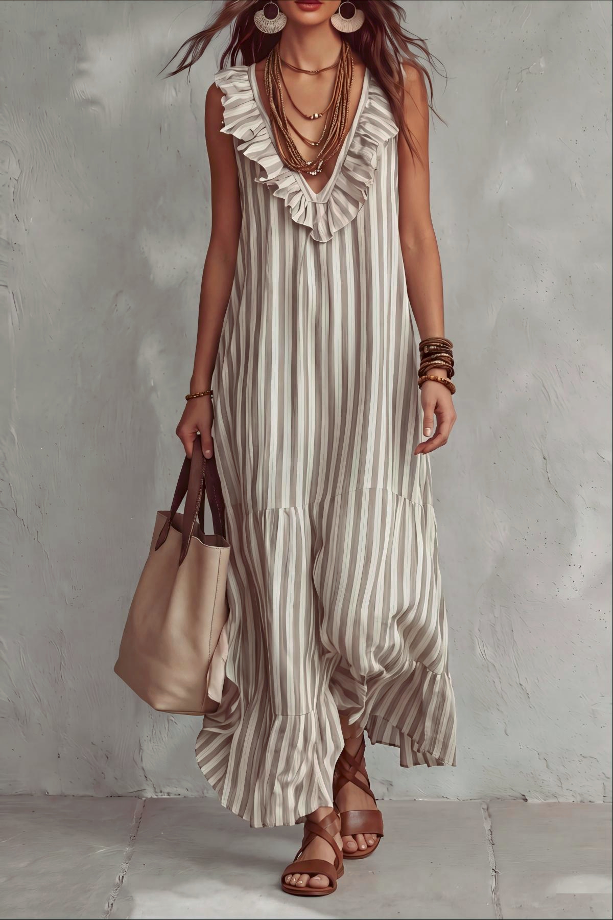V Neck Ruffle Striped Maxi Dress