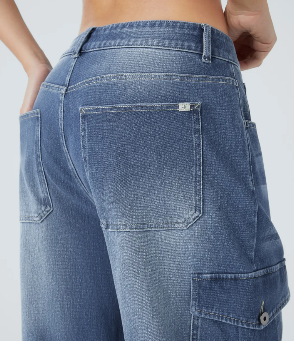 Magic Low Rise Multiple Pockets Stretchy Knit Casual Wide Leg Cargo Jeans