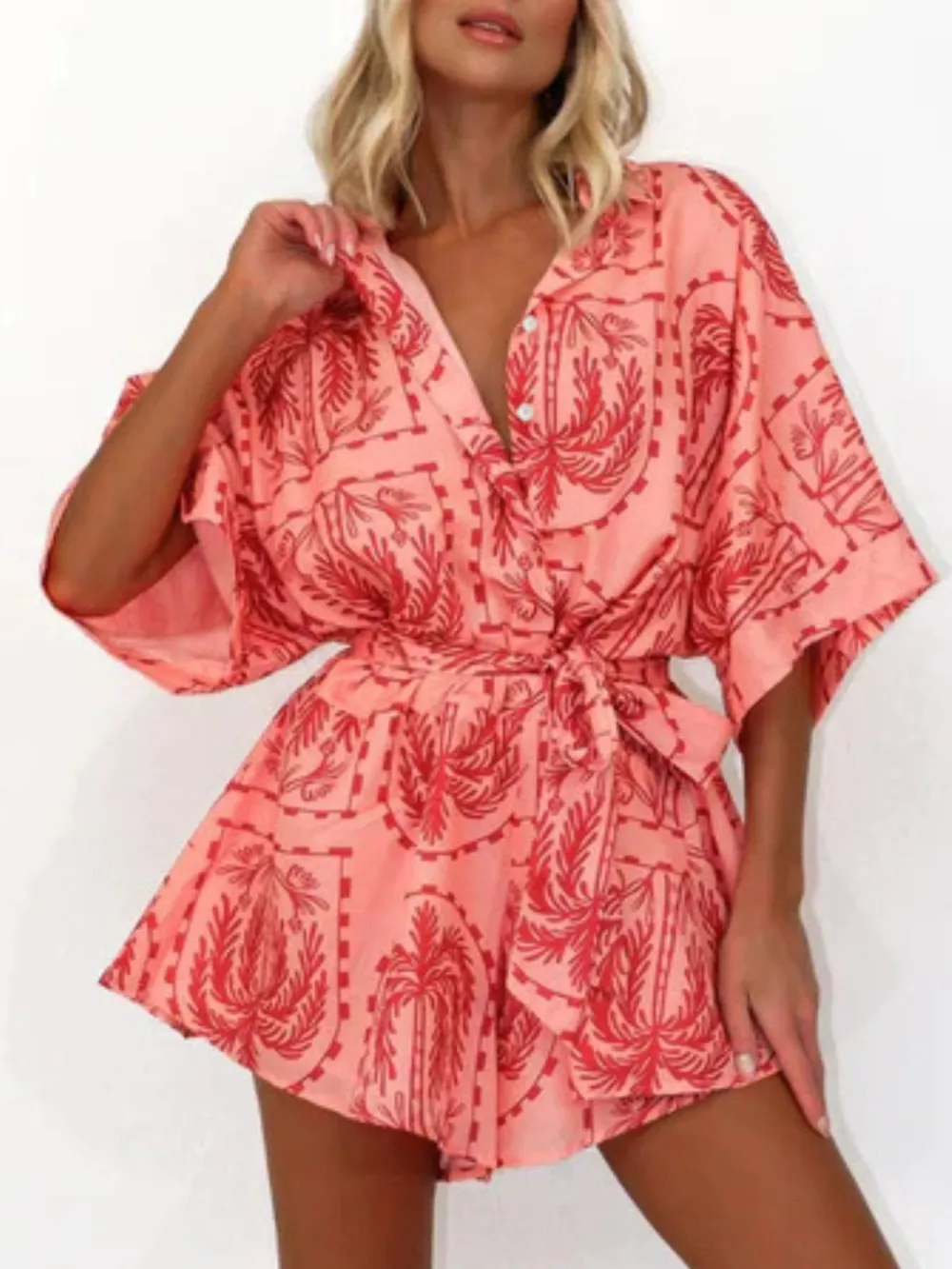 Tie Waist Half Sleeve Romper