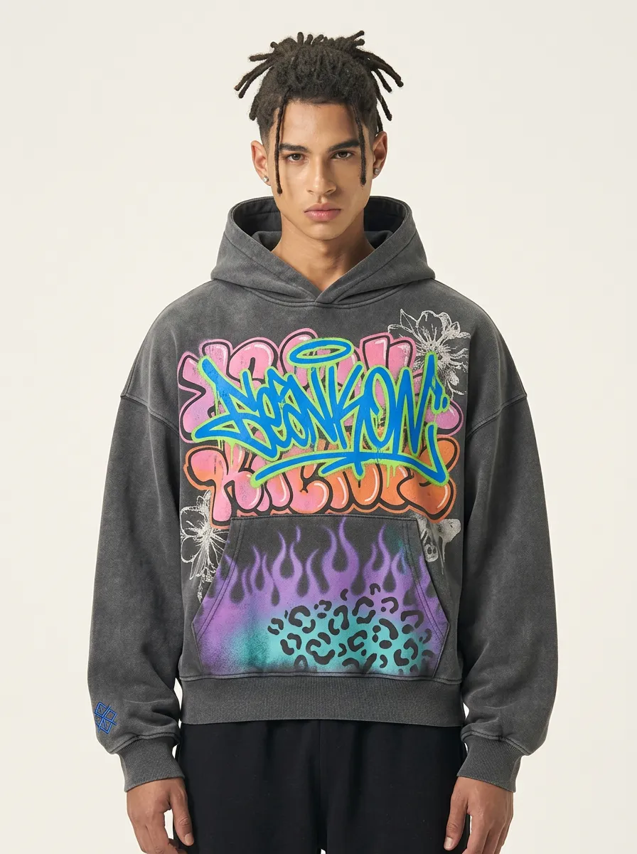 Unisex Streetwear Graffiti Flame Leopard Statement Graphic Hoodie