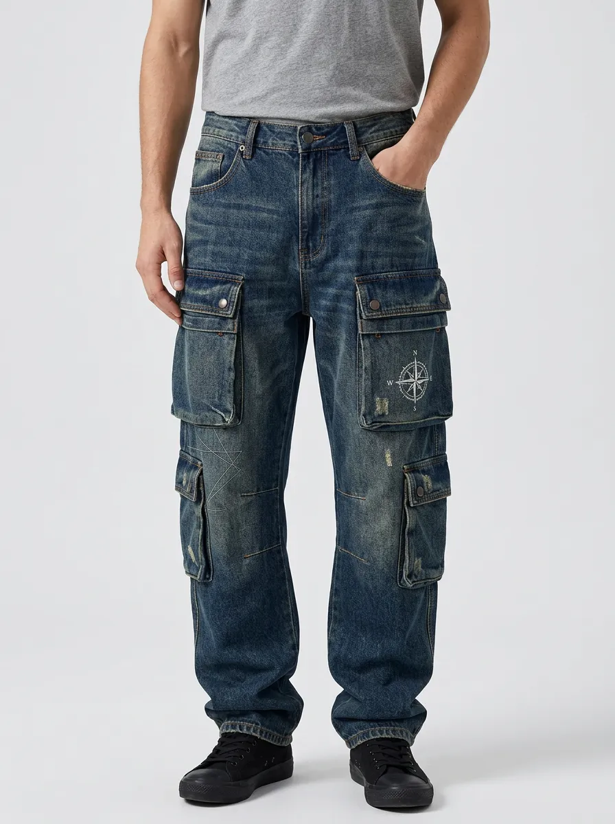 Men's Compass Graphic Distressed Denim Cargo Jeans