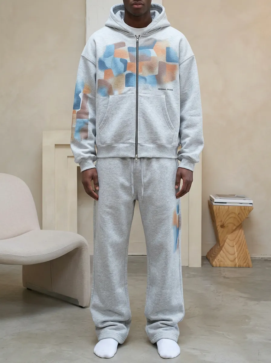 Men's Streetwear Abstract Color Block Printed Hoodie Jogger Set