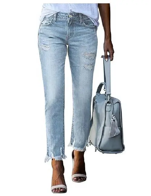 Stretch Ripped Straight Ankle Jeans
