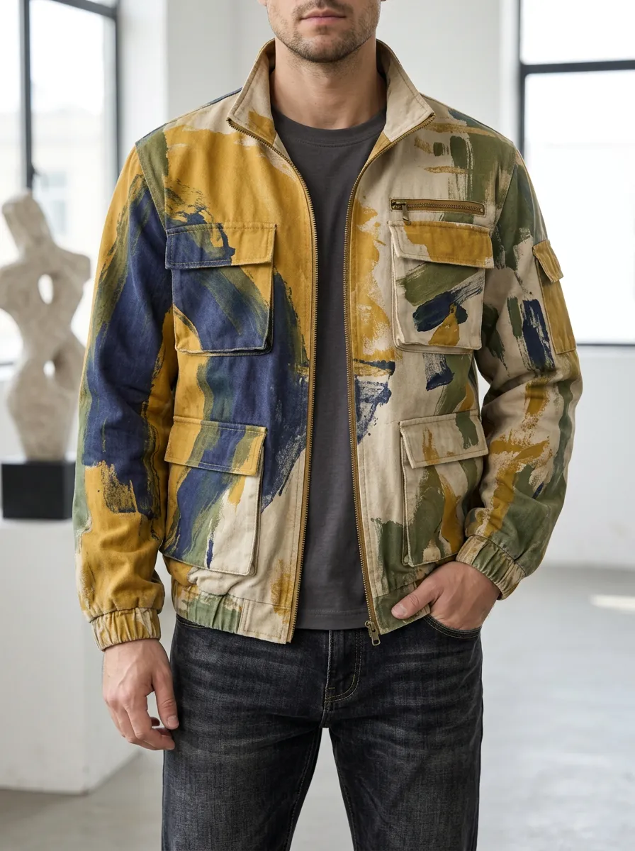 Men's Abstract Brushstroke Print Multi-Pocket Utility Jacket