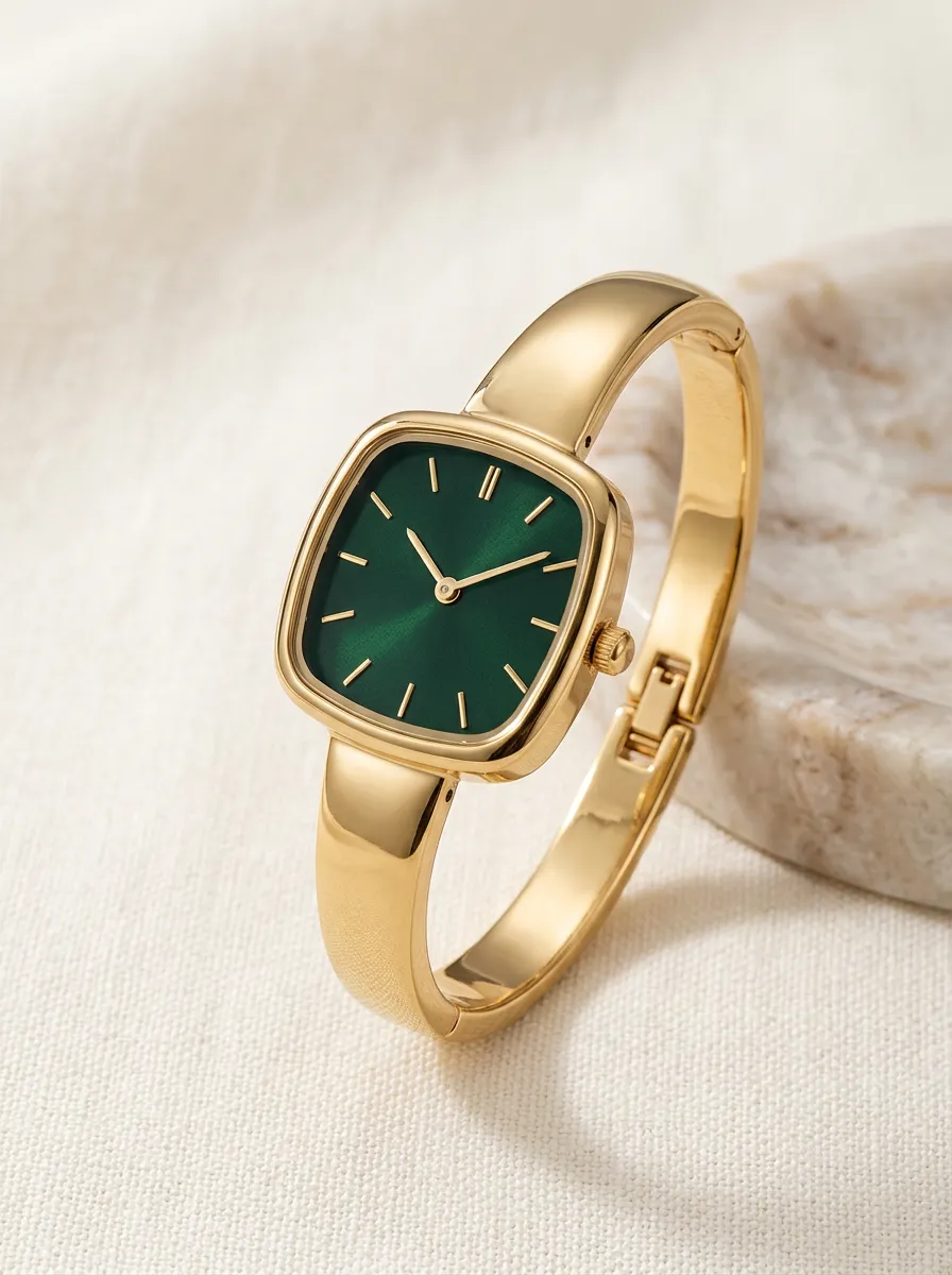 Gold-tone Bangle Watch With Emerald Green Dial